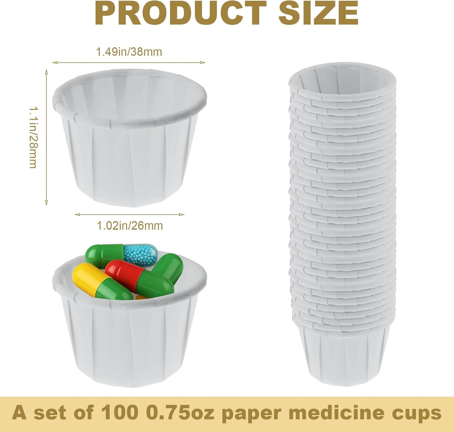 100 Paper Medicine Cups Small Disposable Paper Condiment Cups for Pill Samples, Medication Distribution, Food, Dessert Service (0.75 oz)