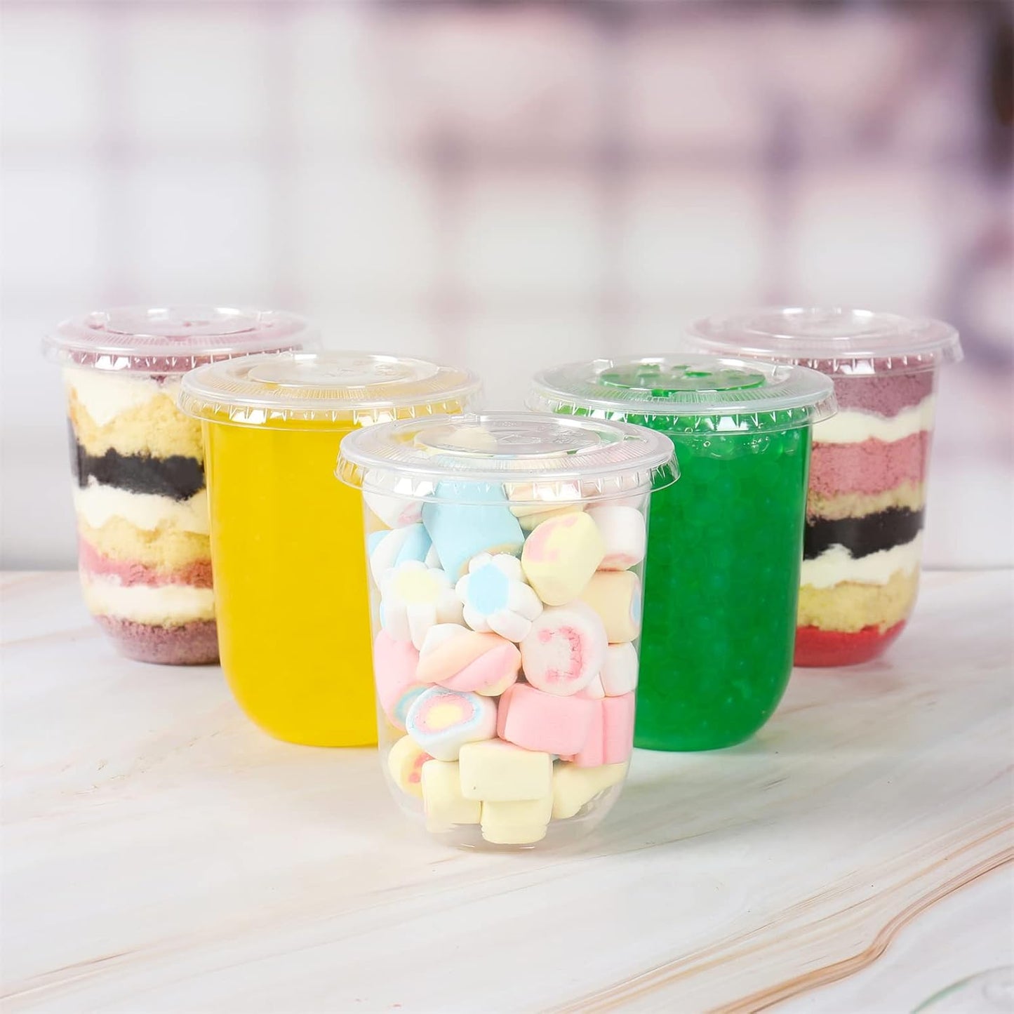 17 oz Disposable Clear Plastic Cups with Flat Lids, Perfect for Cold Drinks, Coffee, Smoothies and Desserts, 50 Count