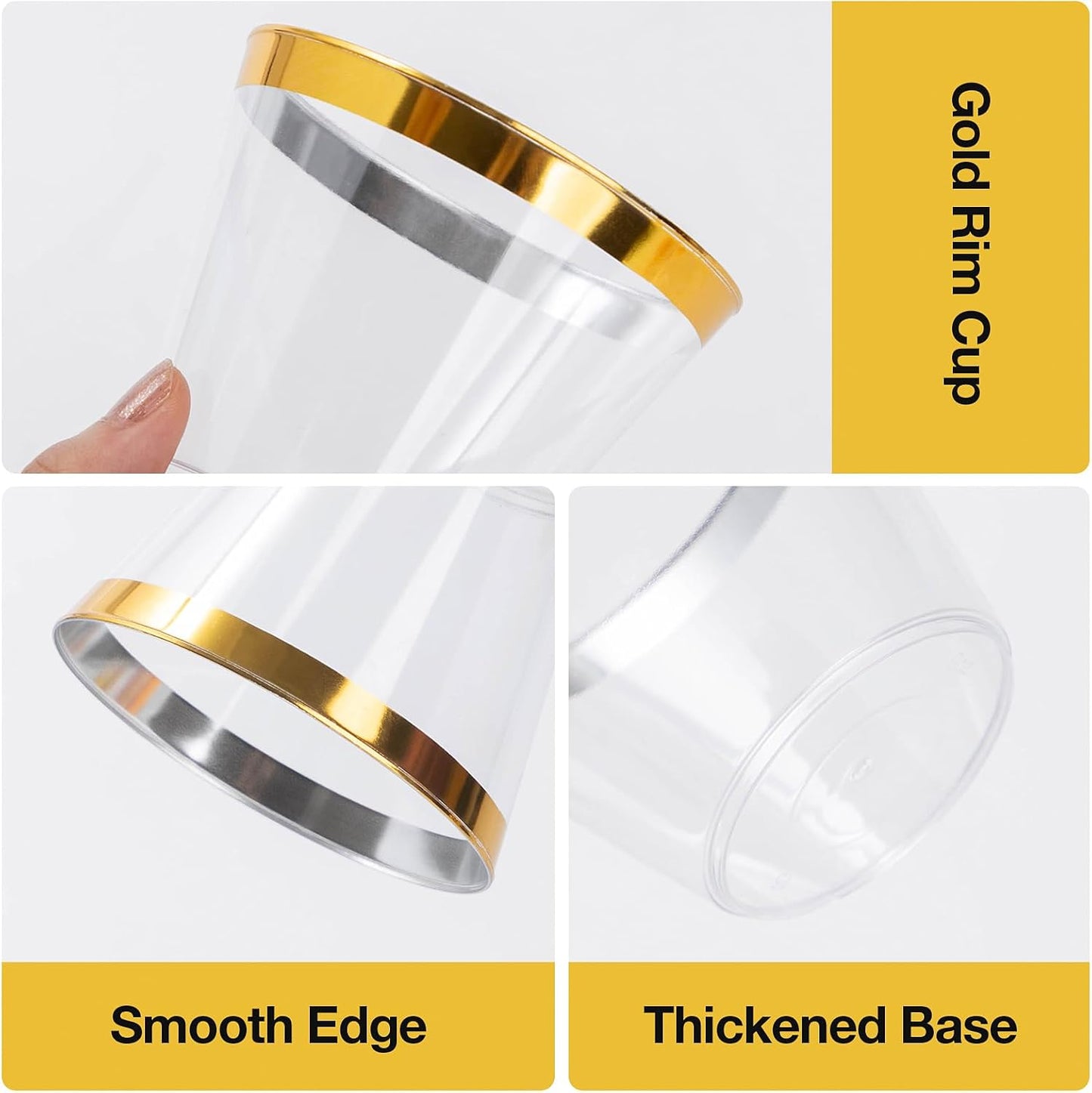 50 Pack 9oz Clear Plastic Cups with Gold Rim – Elegant Disposable Party Tumblers for Cold Drinks, BPA-Free & Recyclable, Ideal for Weddings, Birthdays, and Celebrations