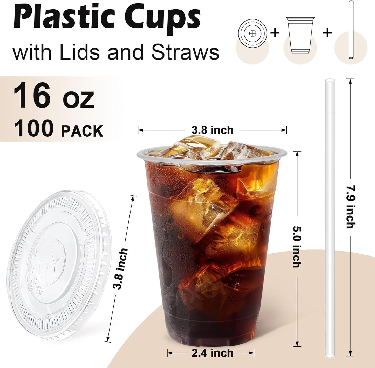 100 Pack 16oz Clear Plastic Cups with Lids and Straws – Disposable Cold Drink PET Cups for Iced Coffee, Juice, Tea, Smoothies, Parties, and Takeout