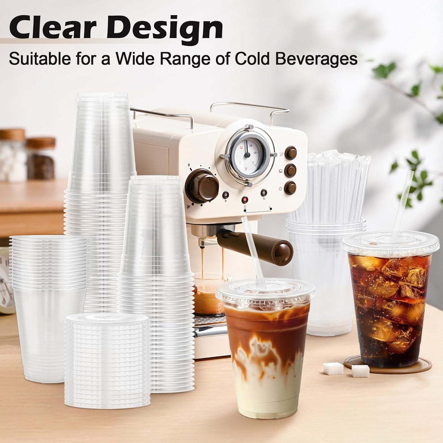 100 Pack 16oz Clear Plastic Cups with Lids and Straws – Disposable Cold Drink PET Cups for Iced Coffee, Juice, Tea, Smoothies, Parties, and Takeout