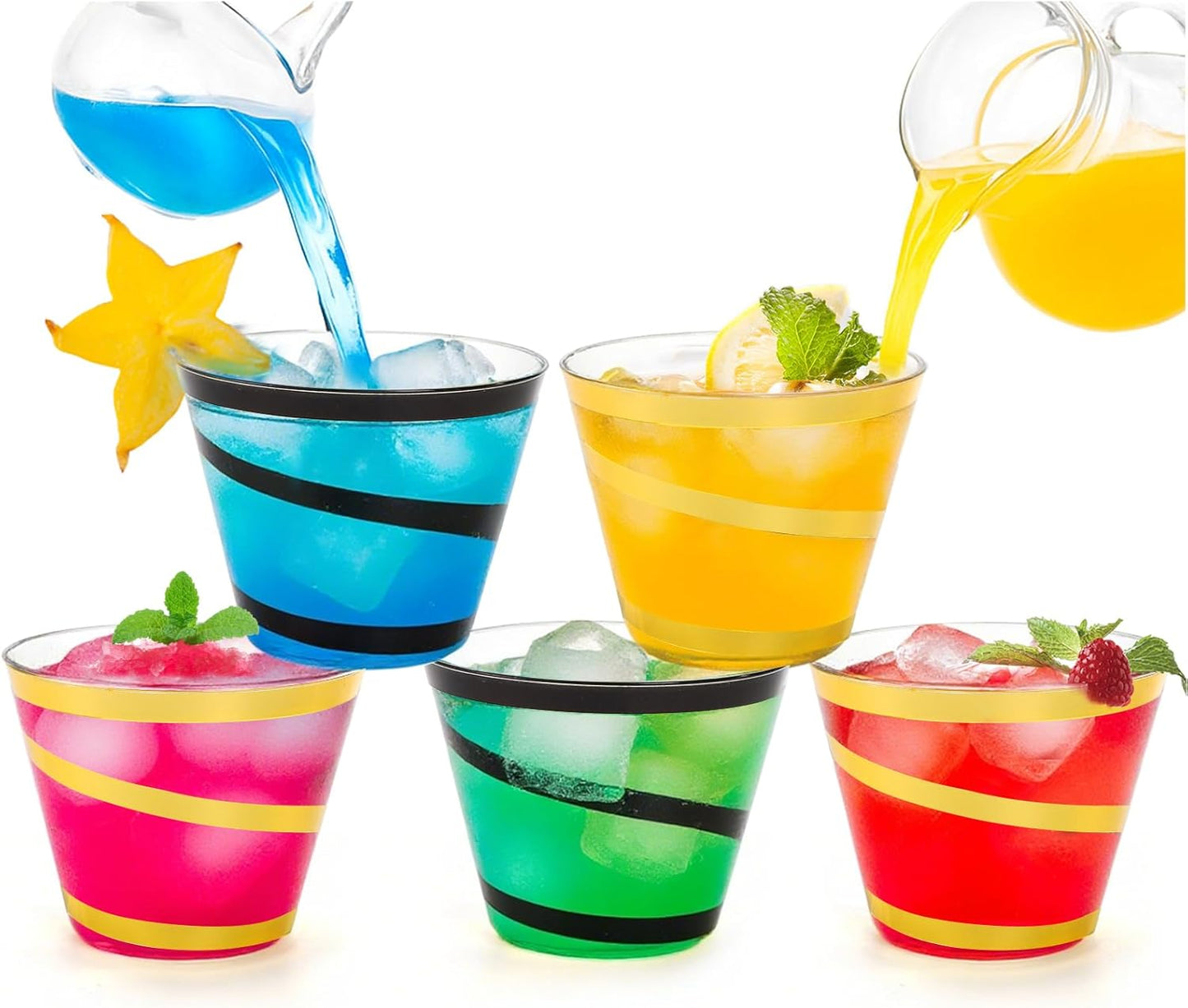 100 Pack 9 Ounces Clear Plastic Cups with Gold Rim, Disposable Swirl Cocktail Cups with Rim, Durable and Elegant Wine Glasses, Drinking Glasses for Christmas Bachelor Party (Black, Gold)