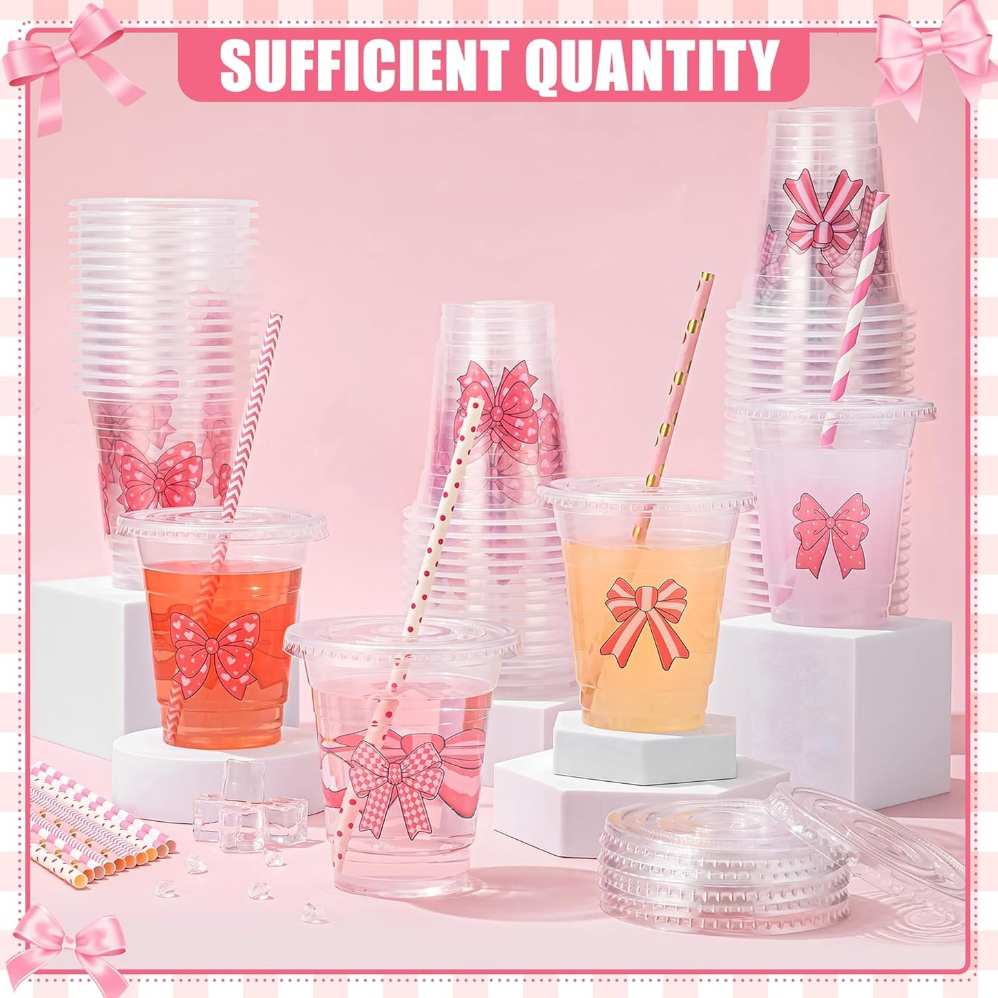50 Sets Pink Bow Plastic Cups with Lids and Straws 12 Ounces Cute Bow Transparent Disposable Cups Bow Theme Birthday Decorations for Hot Drinks Cold Drinks Bachelor Party Pink Baby Shower