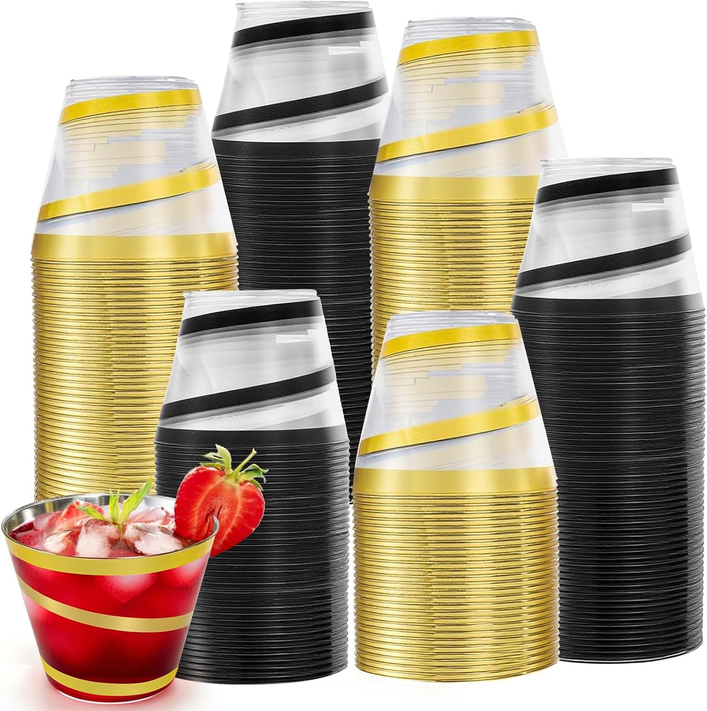 100 Pack 9 Ounces Clear Plastic Cups with Gold Rim, Disposable Swirl Cocktail Cups with Rim, Durable and Elegant Wine Glasses, Drinking Glasses for Christmas Bachelor Party (Black, Gold)