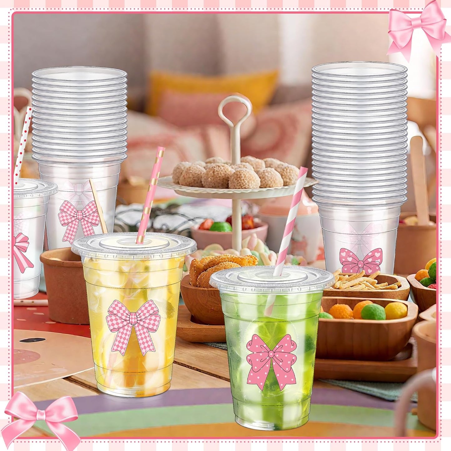 50 Sets Pink Bow Plastic Cups with Lids and Straws 12 Ounces Cute Bow Transparent Disposable Cups Bow Theme Birthday Decorations for Hot Drinks Cold Drinks Bachelor Party Pink Baby Shower