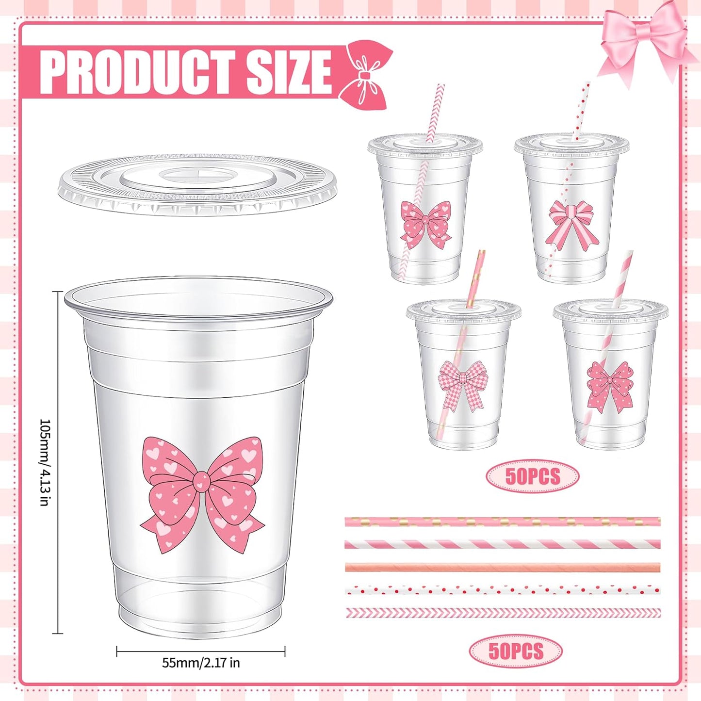 50 Sets Pink Bow Plastic Cups with Lids and Straws 12 Ounces Cute Bow Transparent Disposable Cups Bow Theme Birthday Decorations for Hot Drinks Cold Drinks Bachelor Party Pink Baby Shower