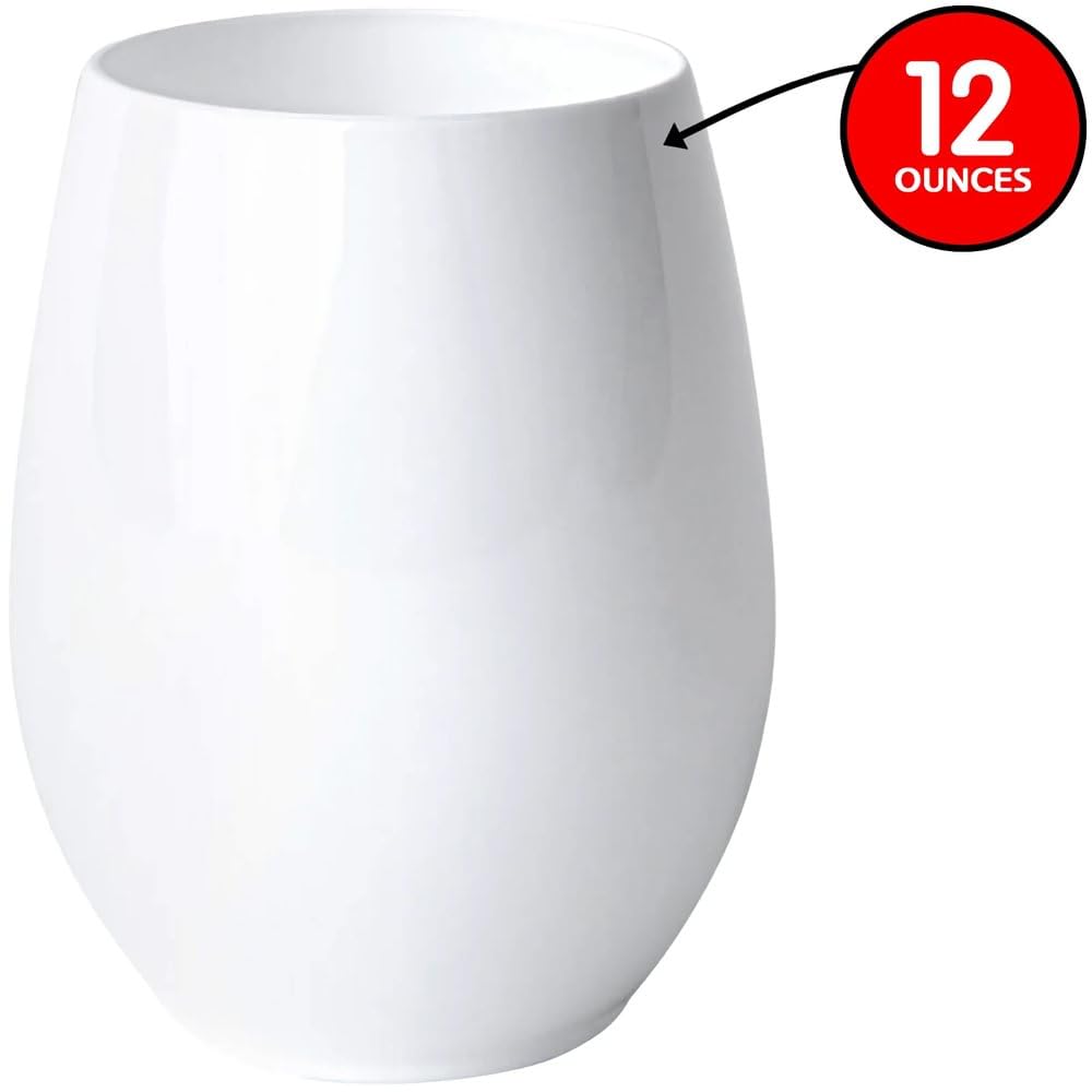 Stemless Goblets White Set of 6 - 12 oz Disposable Plastic Cups for Elegant Events, Parties and Get-Togethers