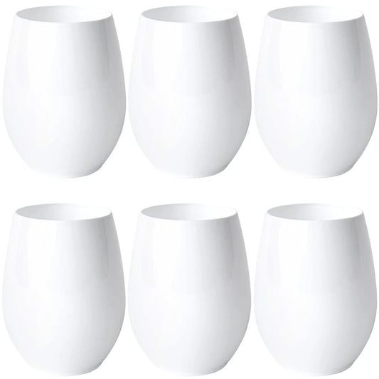 Stemless Goblets White Set of 6 - 12 oz Disposable Plastic Cups for Elegant Events, Parties and Get-Togethers