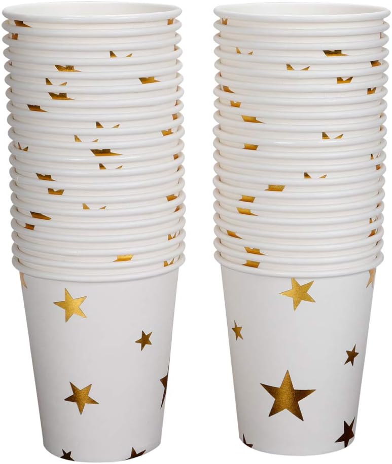Gold Star Paper Cups, Shiny Gold Foil Disposable Paper Cups 9 Ounces for Weddings, Parties, Cocktail Parties and Anniversary Dinner