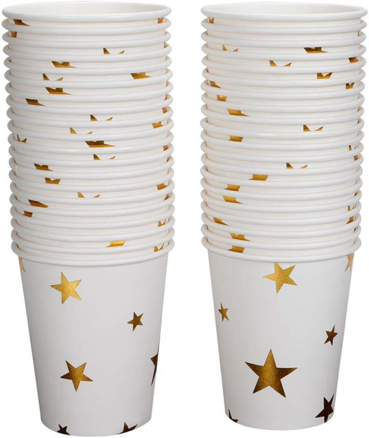 Gold Star Paper Cups, Shiny Gold Foil Disposable Paper Cups 9 Ounces for Weddings, Parties, Cocktail Parties and Anniversary Dinner