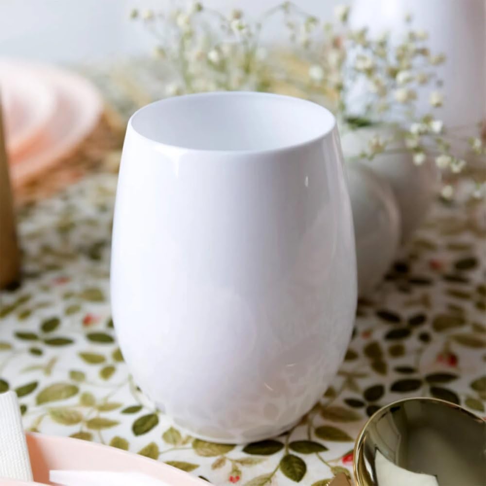 Stemless Goblets White Set of 6 - 12 oz Disposable Plastic Cups for Elegant Events, Parties and Get-Togethers