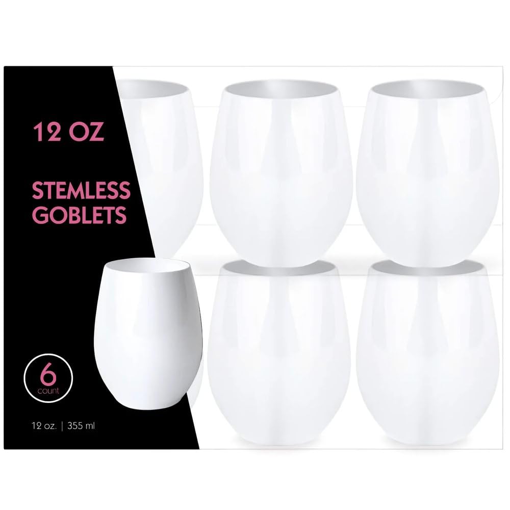 Stemless Goblets White Set of 6 - 12 oz Disposable Plastic Cups for Elegant Events, Parties and Get-Togethers