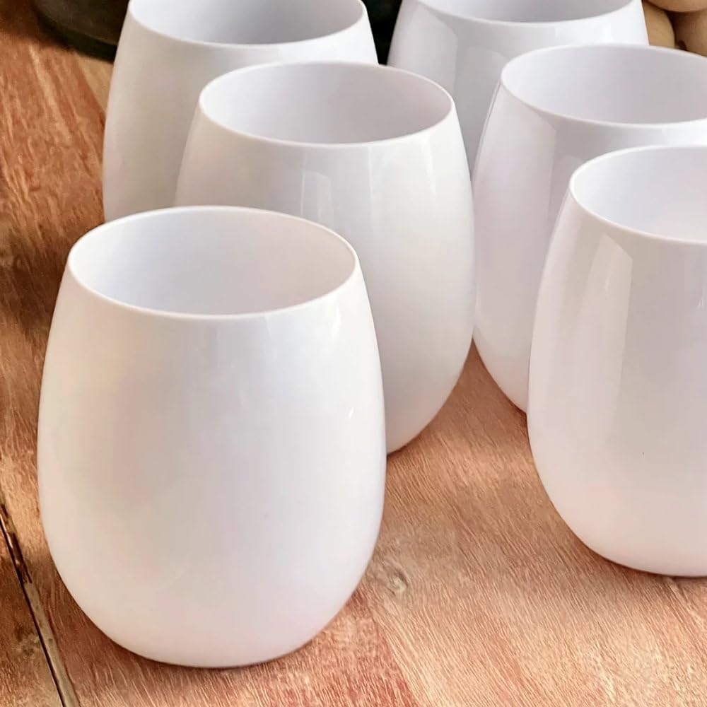 Stemless Goblets White Set of 6 - 12 oz Disposable Plastic Cups for Elegant Events, Parties and Get-Togethers