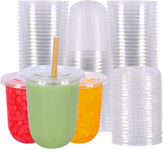 17 oz Disposable Clear Plastic Cups with Flat Lids, Perfect for Cold Drinks, Coffee, Smoothies and Desserts, 50 Count