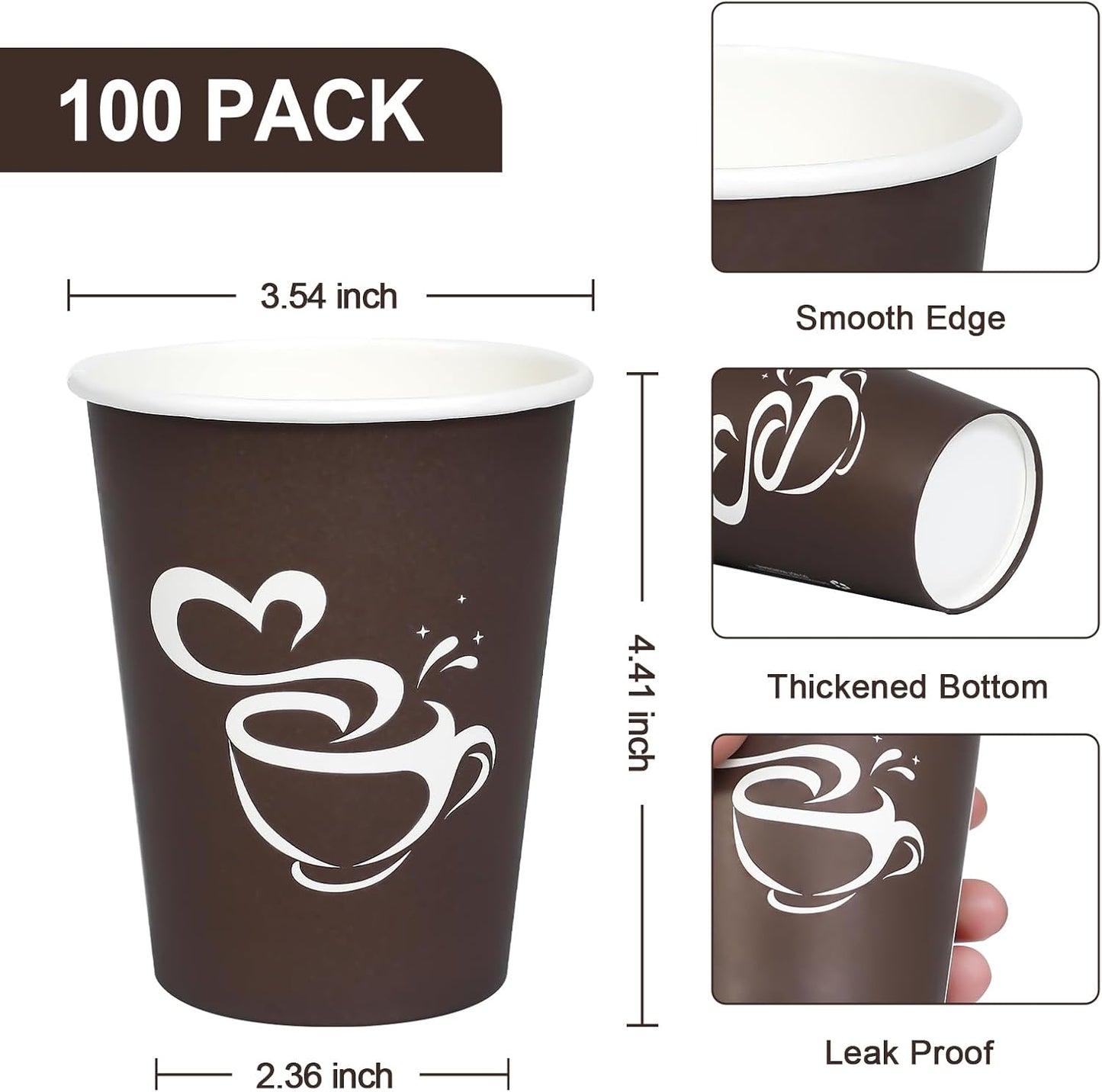 100 pcs 12oz paper coffee cups, disposable drinking cups for hot or cold drinks, 12oz brown coffee cups for party, business, travel, picnic