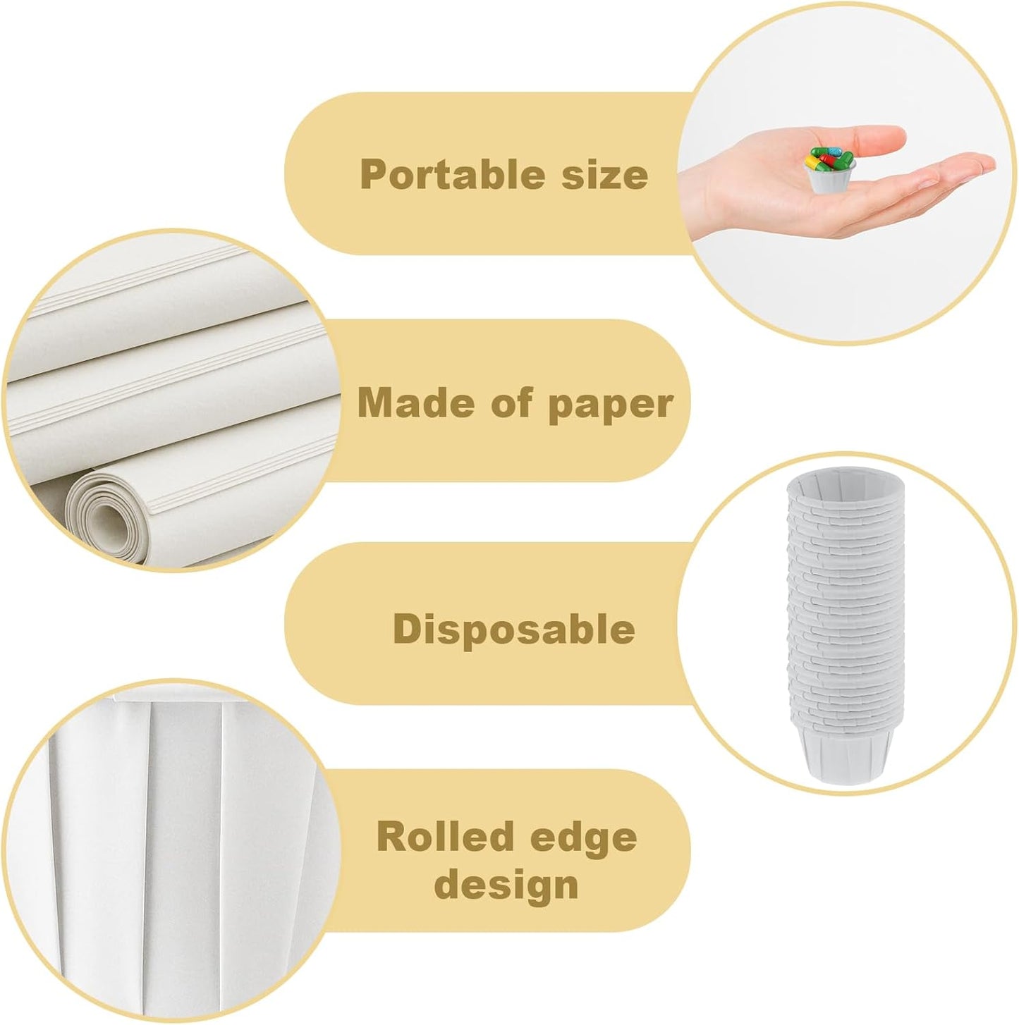 100 Paper Medicine Cups Small Disposable Paper Condiment Cups for Pill Samples, Medication Distribution, Food, Dessert Service (0.75 oz)