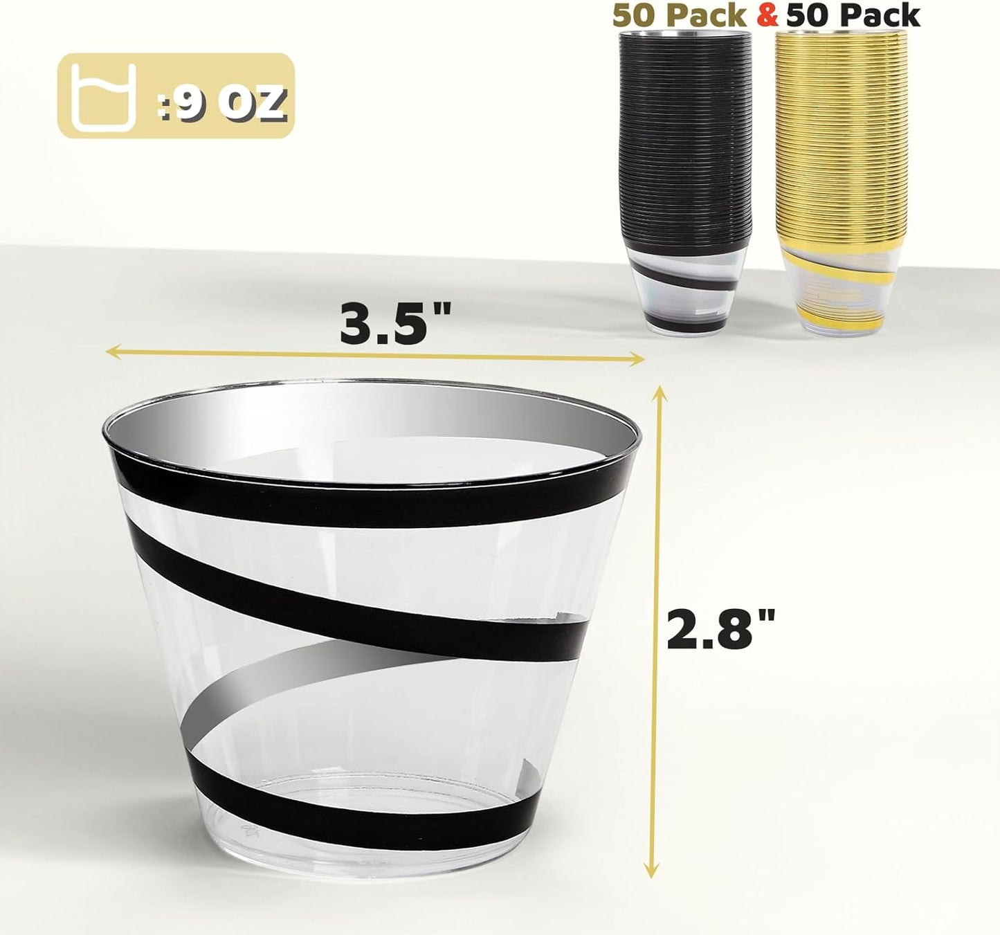 100 Pack 9 Ounces Clear Plastic Cups with Gold Rim, Disposable Swirl Cocktail Cups with Rim, Durable and Elegant Wine Glasses, Drinking Glasses for Christmas Bachelor Party (Black, Gold)