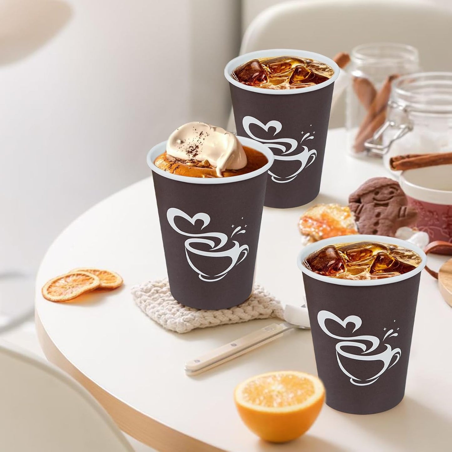 100 pcs 12oz paper coffee cups, disposable drinking cups for hot or cold drinks, 12oz brown coffee cups for party, business, travel, picnic