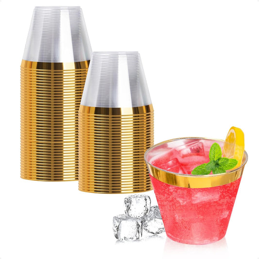 50 Pack 9oz Clear Plastic Cups with Gold Rim – Elegant Disposable Party Tumblers for Cold Drinks, BPA-Free & Recyclable, Ideal for Weddings, Birthdays, and Celebrations