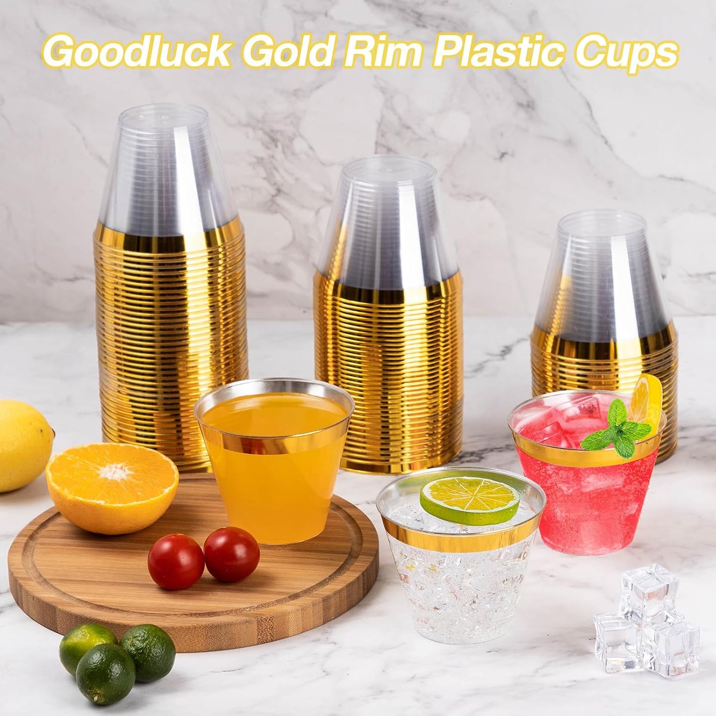 50 Pack 9oz Clear Plastic Cups with Gold Rim – Elegant Disposable Party Tumblers for Cold Drinks, BPA-Free & Recyclable, Ideal for Weddings, Birthdays, and Celebrations