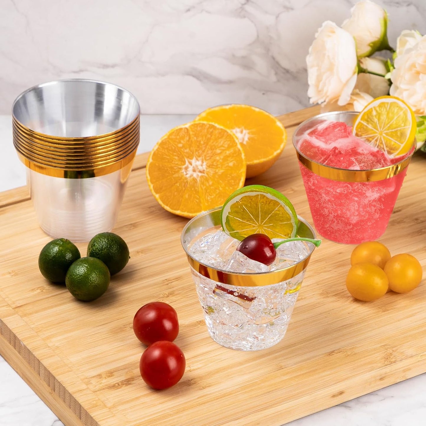 50 Pack 9oz Clear Plastic Cups with Gold Rim – Elegant Disposable Party Tumblers for Cold Drinks, BPA-Free & Recyclable, Ideal for Weddings, Birthdays, and Celebrations