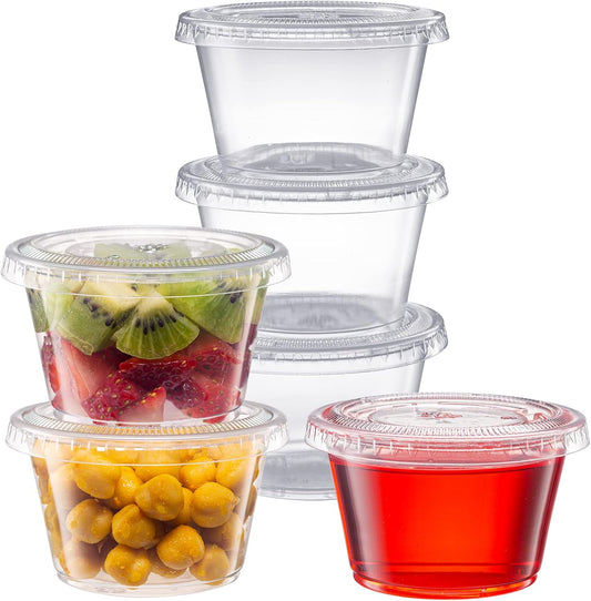 [4 oz - 100 Clear Disposable Plastic Dispensing Cups with Lids - Small Plastic Condiment Containers for Sauces, Salad Dressings and Portion Control