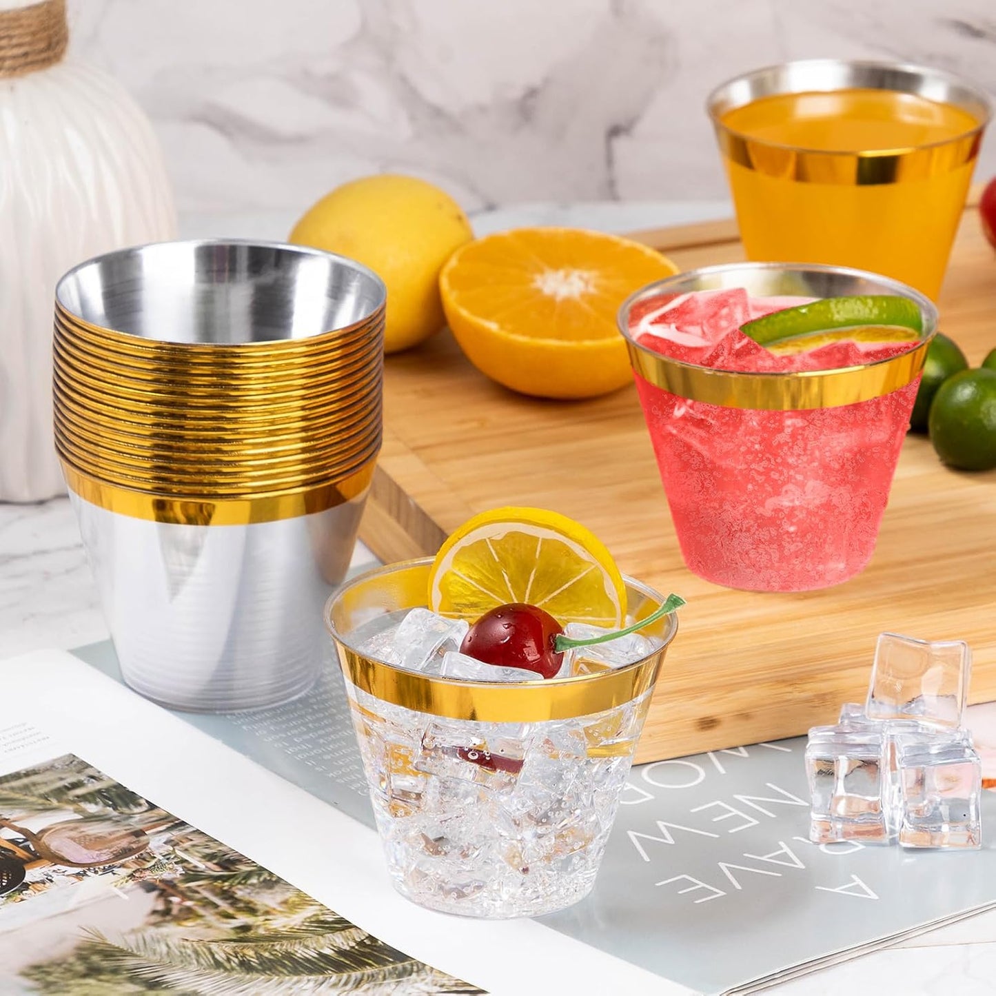 50 Pack 9oz Clear Plastic Cups with Gold Rim – Elegant Disposable Party Tumblers for Cold Drinks, BPA-Free & Recyclable, Ideal for Weddings, Birthdays, and Celebrations