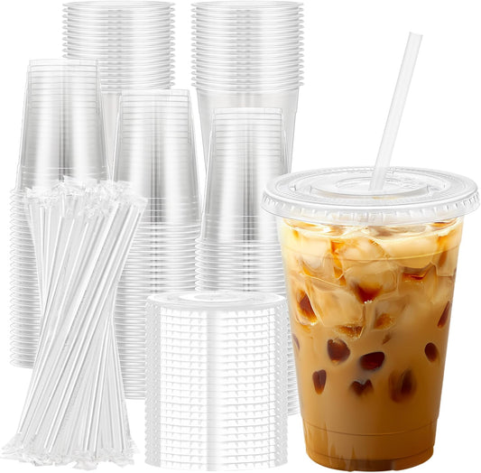 100 Pack 16oz Clear Plastic Cups with Lids and Straws – Disposable Cold Drink PET Cups for Iced Coffee, Juice, Tea, Smoothies, Parties, and Takeout