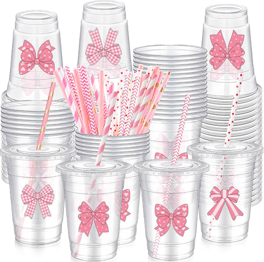 50 Sets Pink Bow Plastic Cups with Lids and Straws 12 Ounces Cute Bow Transparent Disposable Cups Bow Theme Birthday Decorations for Hot Drinks Cold Drinks Bachelor Party Pink Baby Shower
