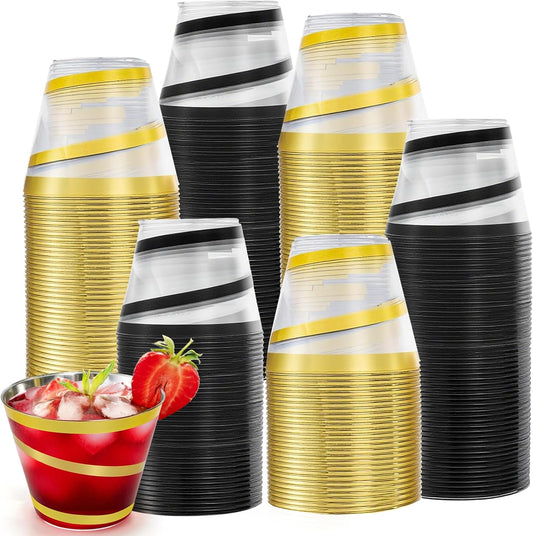 100 Pack 9 Ounces Clear Plastic Cups with Gold Rim, Disposable Swirl Cocktail Cups with Rim, Durable and Elegant Wine Glasses, Drinking Glasses for Christmas Bachelor Party (Black, Gold)