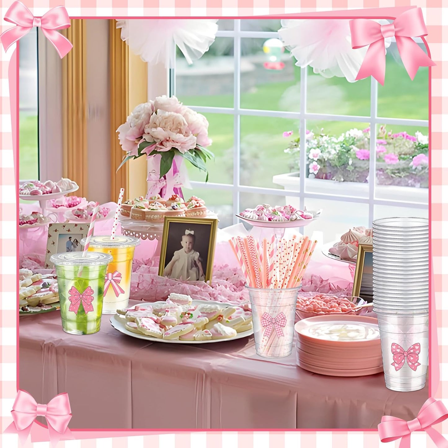 50 Sets Pink Bow Plastic Cups with Lids and Straws 12 Ounces Cute Bow Transparent Disposable Cups Bow Theme Birthday Decorations for Hot Drinks Cold Drinks Bachelor Party Pink Baby Shower