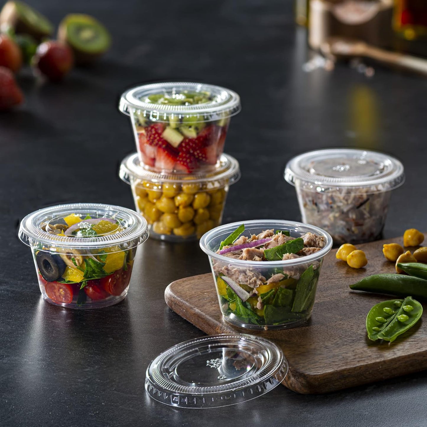 [4 oz - 100 Clear Disposable Plastic Dispensing Cups with Lids - Small Plastic Condiment Containers for Sauces, Salad Dressings and Portion Control